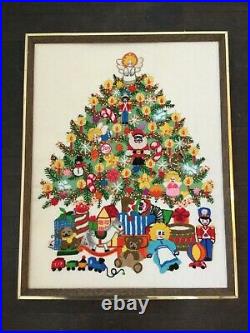 Christmas Tree Fantasy Sunset Finished Crewel Embroidery Completed Frame Vintage