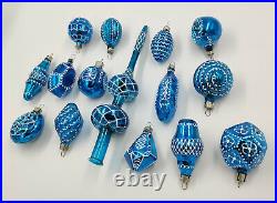 Christmas Tree Ornaments 15pcs. Magic Blue Set with Tree Top Topper vintage