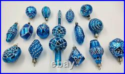 Christmas Tree Ornaments 15pcs. Magic Blue Set with Tree Top Topper vintage