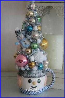 Christmas Vintage Bottle Brush Tree with Snowman Planter/Mug