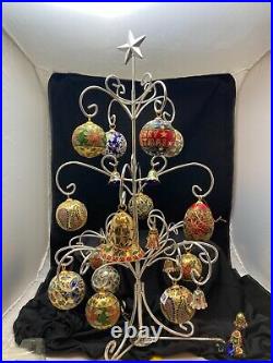 Chrome Christmas Tree With Colorful Victorian Style Enamel Ornaments Vintage