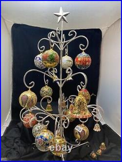 Chrome Christmas Tree With Colorful Victorian Style Enamel Ornaments Vintage