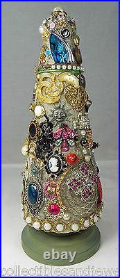 Costume Jewelry Christmas Tree OOAK Vintage Stand Alone Cone Rhinestones Charms