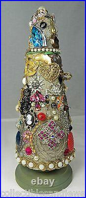 Costume Jewelry Christmas Tree OOAK Vintage Stand Alone Cone Rhinestones Charms