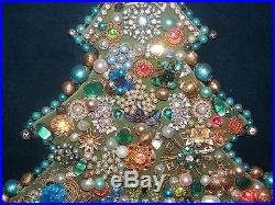 Costume Jewelry Christmas Tree framed Collage Craft vintage rhinestone 18 Tall
