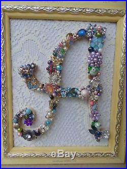 Cottage Shabby Vintage Jewelry Framed Christmas Tree INITIAL A Letter