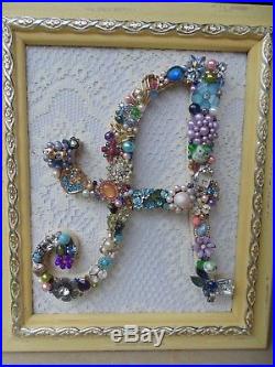 Cottage Shabby Vintage Jewelry Framed Christmas Tree INITIAL A Letter
