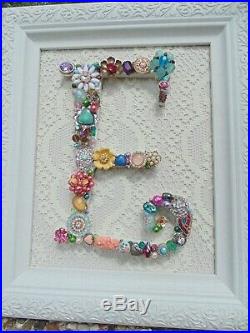 Cottage Shabby Vintage Jewelry Framed Christmas Tree INITIAL E Letter