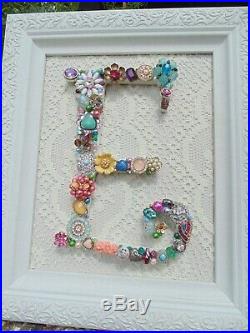 Cottage Shabby Vintage Jewelry Framed Christmas Tree INITIAL E Letter