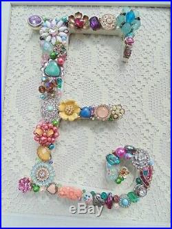 Cottage Shabby Vintage Jewelry Framed Christmas Tree INITIAL E Letter