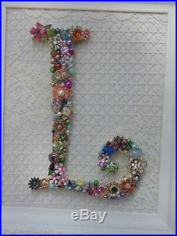 Cottage Shabby Vintage Jewelry Framed Christmas Tree INITIAL L Letter
