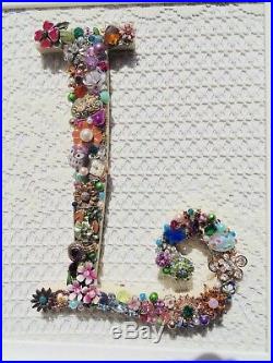 Cottage Shabby Vintage Jewelry Framed Christmas Tree INITIAL L Letter