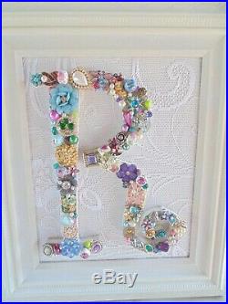 Cottage Shabby Vintage Jewelry Framed Christmas Tree INITIAL R Letter