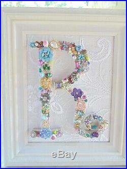 Cottage Shabby Vintage Jewelry Framed Christmas Tree INITIAL R Letter