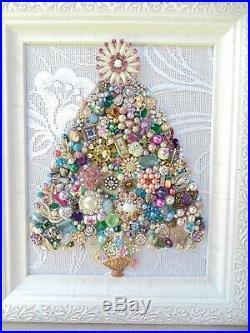 Cottage Shabby Vintage Jewelry Framed Christmas TreeFlower BasketPink Stones