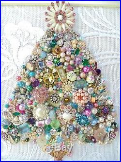 Cottage Shabby Vintage Jewelry Framed Christmas TreeFlower BasketPink Stones