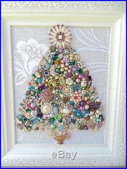 Cottage Shabby Vintage Jewelry Framed Christmas TreeFlower BasketPink Stones