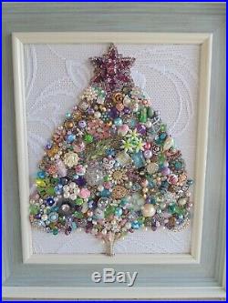 Cottage Shabby Vintage Jewelry Framed Christmas TreePURPLE StarPink Flowers