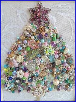 Cottage Shabby Vintage Jewelry Framed Christmas TreePURPLE StarPink Flowers