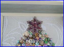 Cottage Shabby Vintage Jewelry Framed Christmas TreePURPLE StarPink Flowers