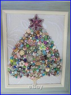 Cottage Shabby Vintage Jewelry Framed Christmas TreePURPLE StarPink Flowers