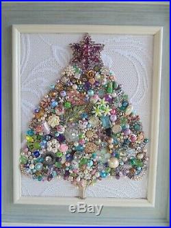 Cottage Shabby Vintage Jewelry Framed Christmas TreePURPLE StarPink Flowers
