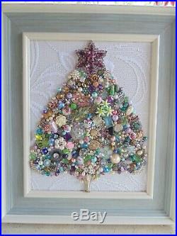 Cottage Shabby Vintage Jewelry Framed Christmas TreePURPLE StarPink Flowers