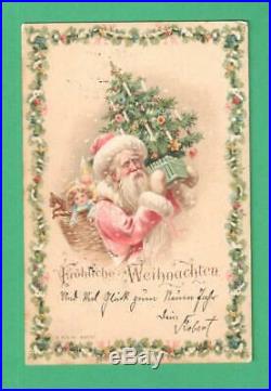 Early Vintage Htl Christmas Postcard Santa Claus Tree Basket Toys