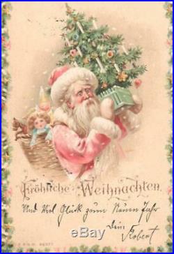 Early Vintage Htl Christmas Postcard Santa Claus Tree Basket Toys