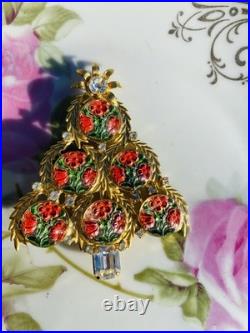 Exceptional Christmas Tree Brooch, Vintage Reverse Painted Floral Brooch, Rare