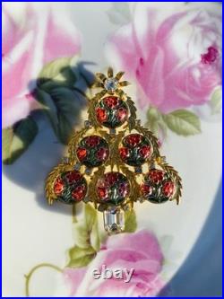 Exceptional Christmas Tree Brooch, Vintage Reverse Painted Floral Brooch, Rare