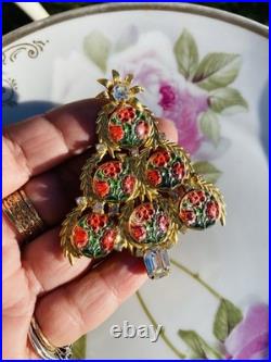 Exceptional Christmas Tree Brooch, Vintage Reverse Painted Floral Brooch, Rare