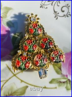 Exceptional Christmas Tree Brooch, Vintage Reverse Painted Floral Brooch, Rare