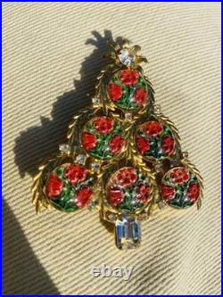 Exceptional Christmas Tree Brooch, Vintage Reverse Painted Floral Brooch, Rare Exceptional Christmas Tree Brooch, Vintage Reverse Painted Floral Brooch, Rare