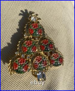Exceptional Christmas Tree Brooch, Vintage Reverse Painted Floral Brooch, Rare