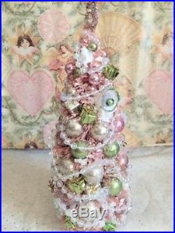 Fabulous 13 Pink Bottlebrush Xmas Tree Mica Flocked Vtg Glass Ornaments Jewels