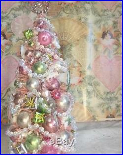 Fabulous 13 Pink Bottlebrush Xmas Tree Mica Flocked Vtg Glass Ornaments Jewels