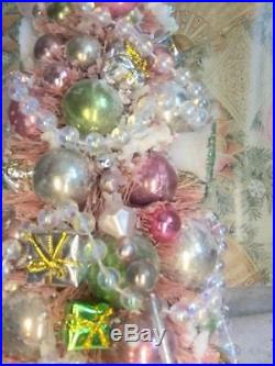 Fabulous 13 Pink Bottlebrush Xmas Tree Mica Flocked Vtg Glass Ornaments Jewels