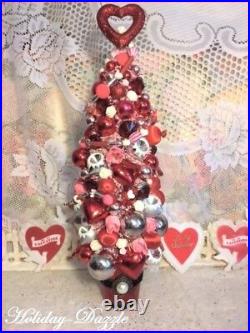 Fabulous Valentine's Day Bottlebrush Tree Vtg Xmas Ornaments Mercury Glass Base