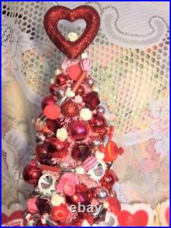 Fabulous Valentine's Day Bottlebrush Tree Vtg Xmas Ornaments Mercury Glass Base