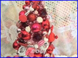 Fabulous Valentine's Day Bottlebrush Tree Vtg Xmas Ornaments Mercury Glass Base