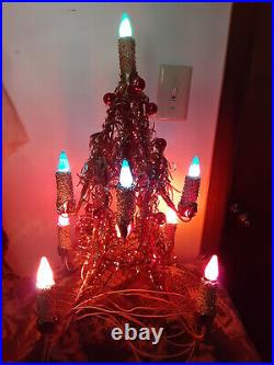 Fabulous Vintage Gold Lighted Table Top Christmas Tree With Red Ornaments