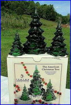 Fenton Glass Holiday Green Christmas Tree Vintage Set of 6.5H-4.25H-3H MIB