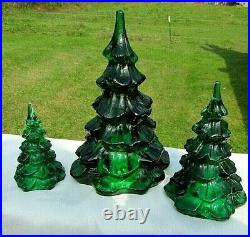 Fenton Glass Holiday Green Christmas Tree Vintage Set of 6.5H-4.25H-3H MIB