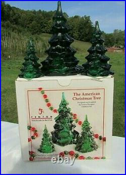 Fenton Glass Holiday Green Christmas Tree Vintage Set of 6.5H-4.25H-3H MIB