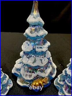 Fenton Ice Blue Christmas Trees Set Of Three With Gold Cat At Base Vintage 95th