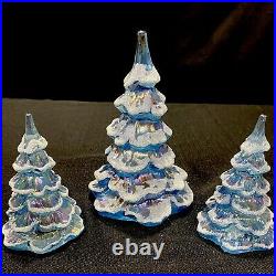 Fenton Ice Blue Christmas Trees Set Of Three With Gold Cat At Base Vintage 95th