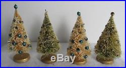 Four Vintage 1950's Bottle Brush Christmas Trees With Mercury Glass Ornaments