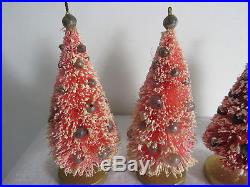 Four Vintage 1950's Pink Bottle Brush Xmas Trees With Mercury Glass Ornaments