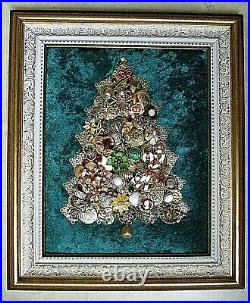 Framed Vintage Pearl & Rhinestone Jewelry Art On Velvet, Christmas Tree